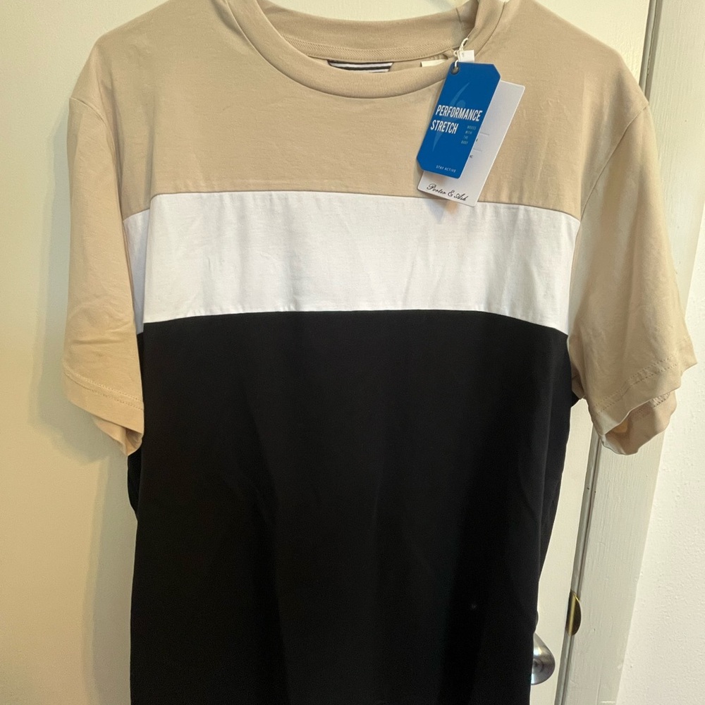 Men's Beige, White, and Black Colorblock Shirt